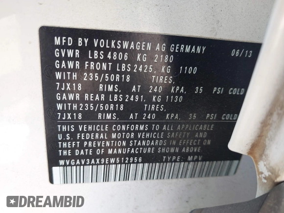 2014 Volkswagen Tiguan SEL with VIN WVGAV3AX9EW512956, listed as a IAAI auction lot 42110002 with 136,034 mi miles and . Bid and sale history available at DreamBid. Image 9.