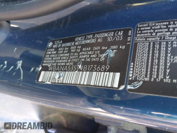 2004 BMW 5 Series 525i with VIN WBANA53594B173689, listed as a IAAI auction lot 41682916 with Not Provided miles. Bid and sale history available at carsss.com. Image 9.