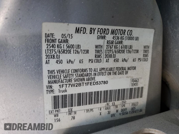 2015 Ford F-250 Lariat with VIN 1FT7W2BT1FED53780, listed as a Copart auction lot 44793675 with 380,408 mi miles and Salvage title. Bid and sale history available at DreamBid. Image 13.