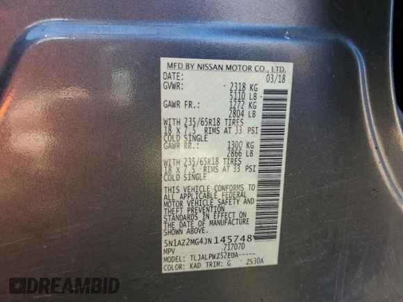 2018 Nissan Murano SV with VIN 5N1AZ2MG4JN145748, listed as a Copart auction lot 50182515 with 131,852 mi miles and Salvage Title. Bid and sale history available at DreamBid. Image 15.