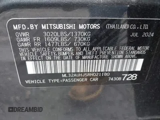 2024 Mitsubishi Mirage ES z VIN ML32AUHJ5RH021180, wystawiony jako IAAI lot #42332116 z przebiegiem 14 938 mil mil oraz . Historia ofert i sprzedaży dostępna na DreamBid. Obrazek 9.