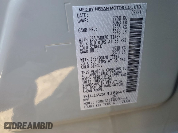2025 Infiniti QX60 Sensory with VIN 5N1AL1GS2SC338845, listed as a Copart auction lot 85276094 with 361 mi miles and Salvage Title. Bid and sale history available at DreamBid. Image 15.