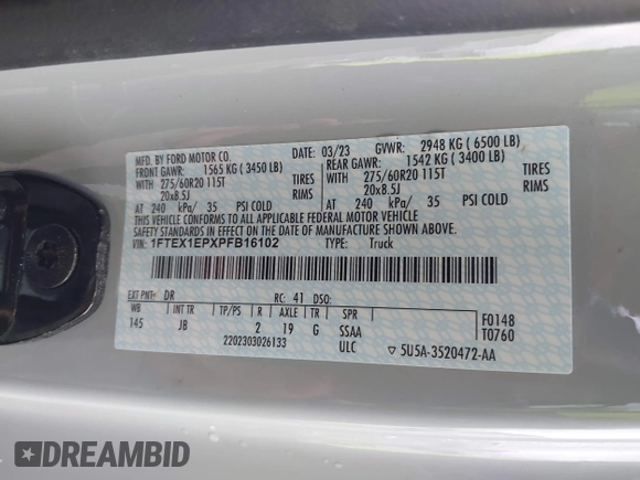 2023 Ford F-150 XL with VIN 1FTEX1EPXPFB16102, listed as a IAAI auction lot 41544485 with 18,460 mi miles and . Bid and sale history available at DreamBid. Image 9.
