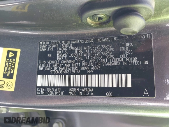 2012 Toyota Highlander Limited with VIN 5TDDK3EH8CS129178, listed as a IAAI auction lot 42025104 with 171,520 mi miles. Bid and sale history available at carsss.com. Image 9.