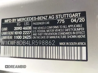 2020 Mercedes-Benz C 300 with VIN W1KWF8DB4LR598862, listed as a IAAI auction lot 41693955 with 19,238 mi miles and . Bid and sale history available at carsss.com. Image 9.