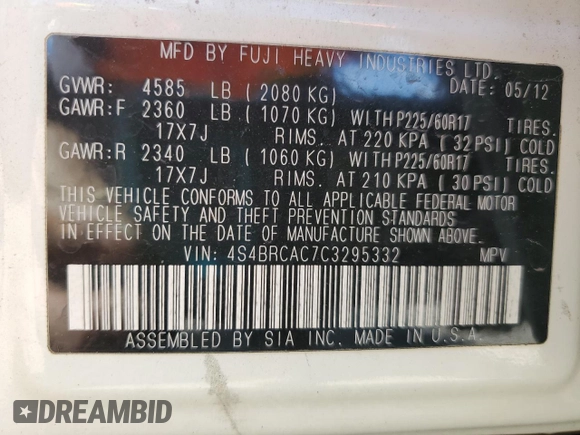 2012 Subaru Outback 2.5i with VIN 4S4BRCAC7C3295332, listed as a Copart auction lot 57178085 with 77,955 mi miles and Salvage title. Bid and sale history available at DreamBid. Image 13.