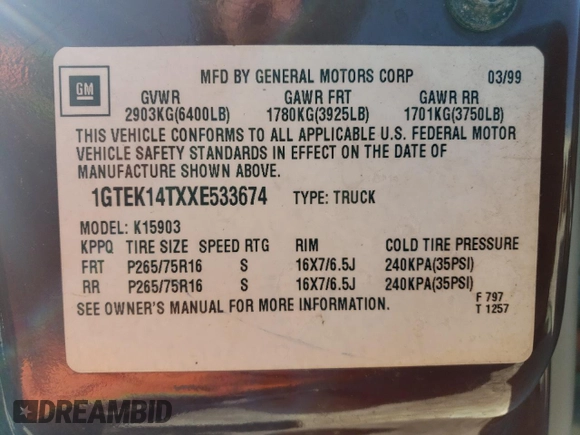 1999 GMC New Sierra 1500 SLE with VIN 1GTEK14TXXE533674, listed as a Copart auction lot 83788244 with 188,751 mi miles and Salvage Title. Bid and sale history available at carsss.com. Image 14.