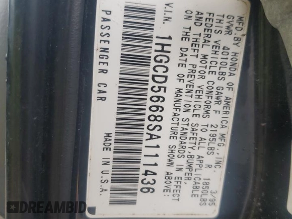 1995 Honda Accord EX with VIN 1HGCD5668SA111436, listed as a Copart auction lot 83903834 with 229,899 mi miles and Salvage Title. Bid and sale history available at DreamBid. Image 14.