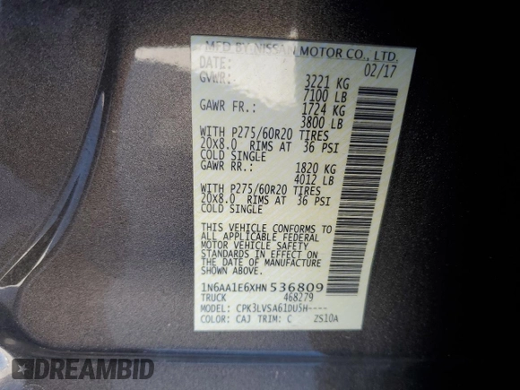 2017 Nissan Titan SL with VIN 1N6AA1E6XHN536809, listed as a Copart auction lot 47956345 with 135,207 mi miles and Salvage title. Bid and sale history available at DreamBid. Image 12.