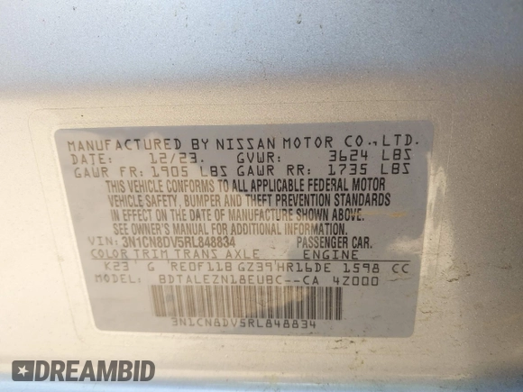 2024 Nissan Versa S с VIN 3N1CN8DV5RL848834, выставлен на аукционе IAAI как лот 42091656 с пробегом 7 213 миль миль и . История ставок и продаж доступна на DreamBid. Изображение 9.