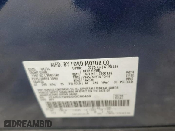 2016 Ford Explorer with VIN 1FM5K7B86GGC86459, listed as a Copart auction lot 54853425 with Not provided miles and Salvage title. Bid and sale history available at DreamBid. Image 13.