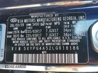 2020 Kia Sorento LX V6 with VIN 5XYPG4A52LG618186, listed as a Copart auction lot 46316725 with 52,503 mi miles and Salvage Title. Bid and sale history available at carsss.com. Image 14.