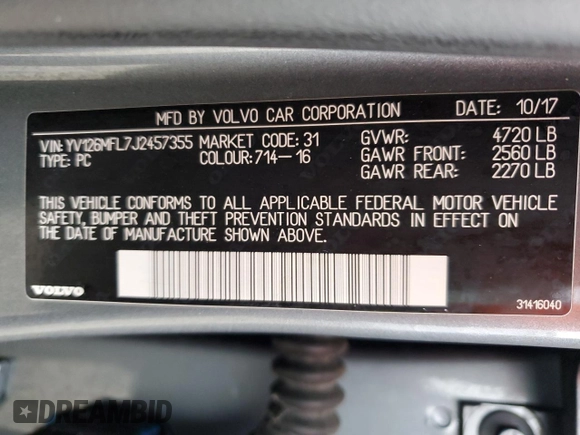 2018 Volvo S60 Dynamic with VIN YV126MFL7J2457355, listed as a Copart auction lot 72155102 with 92,379 mi miles. Bid and sale history available at carsss.com. Image 14.