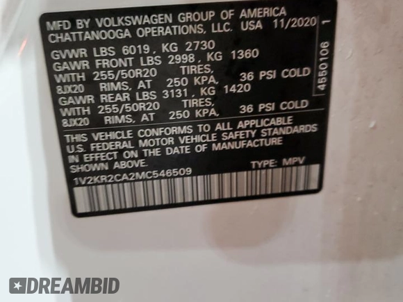 2021 Volkswagen Atlas SE z VIN 1V2KR2CA2MC546509, wystawiony jako Copart lot #57641175 z przebiegiem 43 620 mil mil oraz Szkoda całkowita • Salvage title. Historia ofert i sprzedaży dostępna na DreamBid. Obrazek 13.