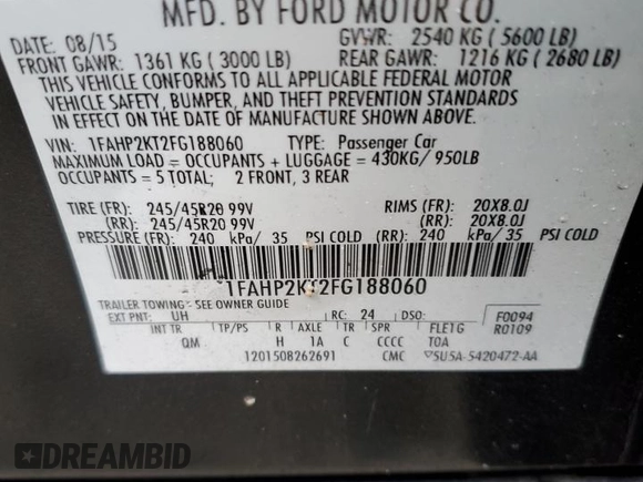 2015 Ford Taurus SHO with VIN 1FAHP2KT2FG188060, listed as a Copart auction lot 48952155 with 93,092 mi miles and Salvage Title. Bid and sale history available at DreamBid. Image 12.