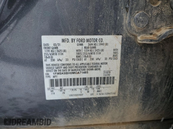 2021 Ford Explorer with VIN 1FMSK8BH0MGA71485, listed as a Copart auction lot 44632955 with 132,040 mi miles and Salvage Title. Bid and sale history available at carsss.com. Image 14.
