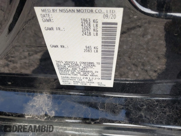 2020 Nissan Altima SV with VIN 1N4BL4DV1LC281229, listed as a IAAI auction lot 41801379 with 49,925 mi miles and . Bid and sale history available at DreamBid. Image 9.