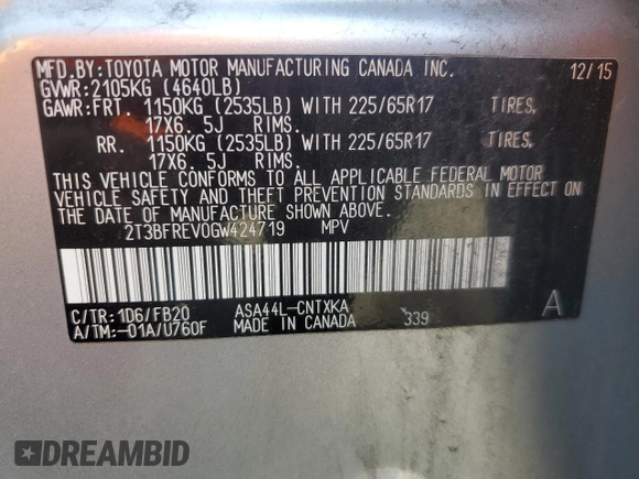 2016 Toyota RAV4 LE with VIN 2T3BFREV0GW424719, listed as a Copart auction lot 55050585 with 249,560 mi miles and Salvage Title. Bid and sale history available at DreamBid. Image 13.