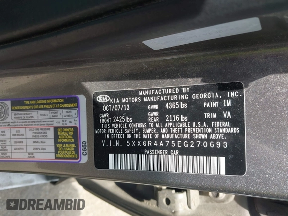 2014 Kia Optima SX with VIN 5XXGR4A75EG270693, listed as a IAAI auction lot 42606134 with 126,486 mi miles and . Bid and sale history available at DreamBid. Image 9.