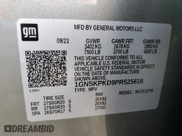 2023 Chevrolet Tahoe Z71 z VIN 1GNSKPKD9PR525616, wystawiony jako Copart lot #58828215 z przebiegiem 14 698 mil mil oraz Szkoda całkowita • Salvage title. Historia ofert i sprzedaży dostępna na DreamBid. Obrazek 14.