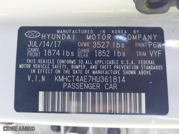 2017 Hyundai Accent SE with VIN KMHCT4AE7HU361814, listed as a IAAI auction lot 41711507 with 23,383 mi miles. Bid and sale history available at carsss.com. Image 9.