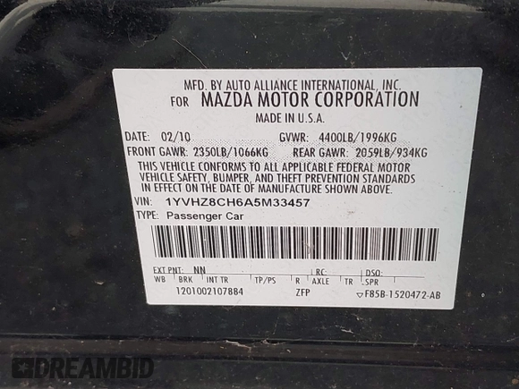 2010 Mazda 6 i Grand Touring with VIN 1YVHZ8CH6A5M33457, listed as a IAAI auction lot 41468477 with 122,188 mi miles and . Bid and sale history available at DreamBid. Image 9.