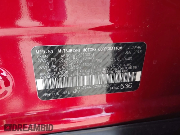 2019 Mitsubishi Eclipse Cross SE with VIN JA4AT5AA7KZ001400, listed as a IAAI auction lot 42410892 with 79,173 mi miles and . Bid and sale history available at DreamBid. Image 9.