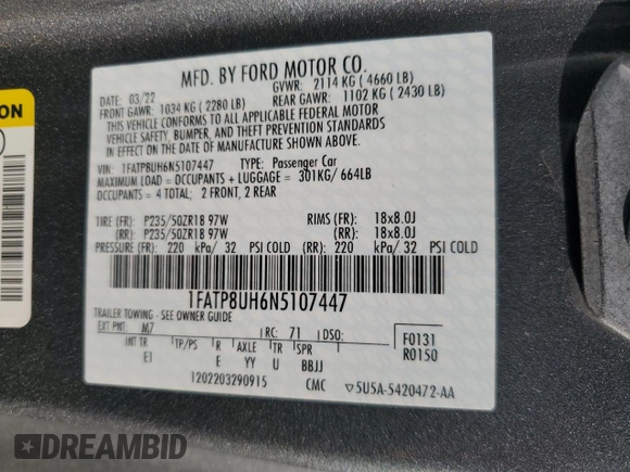 2022 Ford Mustang EcoBoost with VIN 1FATP8UH6N5107447, listed as a Copart auction lot 53329815 with 35,528 mi miles and Salvage title. Bid and sale history available at DreamBid. Image 13.