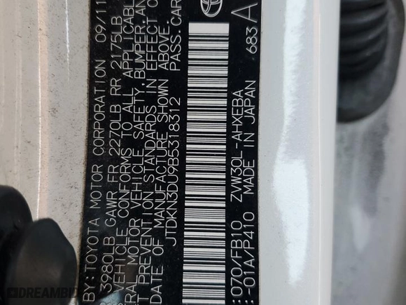2011 Toyota Prius I with VIN JTDKN3DU9B5318312, listed as a Copart auction lot 88603065 with 256,306 mi miles and Salvage Title. Bid and sale history available at carsss.com. Image 12.
