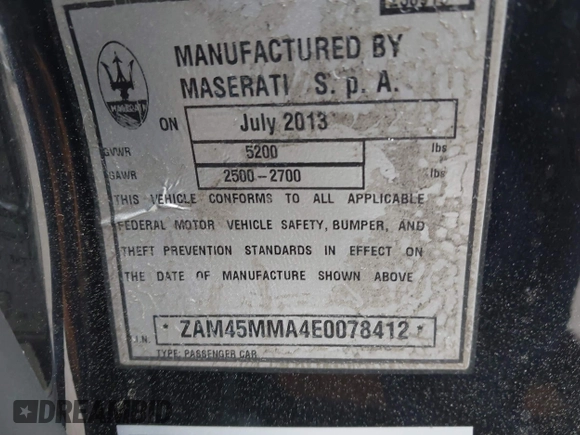 2014 Maserati GranTurismo Sport with VIN ZAM45MMA4E0078412, listed as a IAAI auction lot 42239631 with 31,392 mi miles and . Bid and sale history available at DreamBid. Image 9.