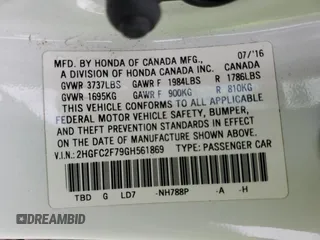 2016 Honda Civic Sedan EX with VIN 2HGFC2F79GH561869, listed as a Copart auction lot 77437694 with 84,298 mi miles and Salvage Title. Bid and sale history available at carsss.com. Image 12.