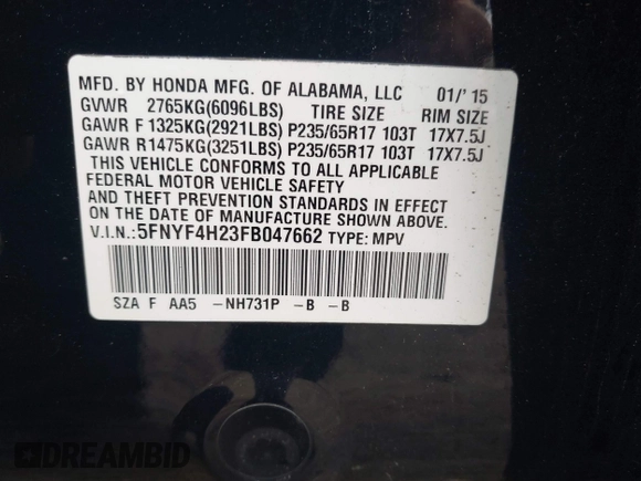 2015 Honda Pilot LX with VIN 5FNYF4H23FB047662, listed as a IAAI auction lot 41952933 with 227,892 mi miles and . Bid and sale history available at carsss.com. Image 9.