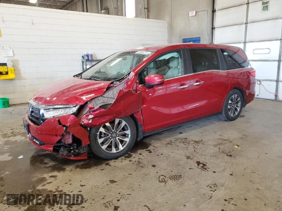2023 Honda Odyssey EX-L with VIN 5FNRL6H6XPB025574, listed as a Copart auction lot 48046215 with 46,865 mi miles and Salvage Title. Bid and sale history available at carsss.com. Image 1.