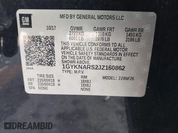 2018 Cadillac XT5 FWD with VIN 1GYKNARS2JZ160862, listed as a IAAI auction lot 42584234 with 152,785 mi miles and . Bid and sale history available at DreamBid. Image 9.