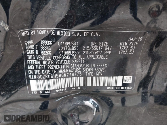 2016 Honda HR-V EX with VIN 3CZRU6H56GM746775, listed as a IAAI auction lot 42144788 with 64,830 mi miles and . Bid and sale history available at DreamBid. Image 9.