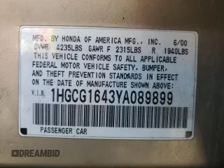 2000 Honda Accord LX z VIN 1HGCG1643YA089899, wystawiony jako Copart lot #54937555 z przebiegiem 196 596 mil mil oraz Szkoda całkowita • Salvage title. Historia ofert i sprzedaży dostępna na DreamBid. Obrazek 12.