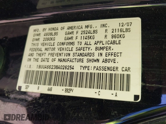 2008 Acura TL with VIN 19UUA66238A026254, listed as a IAAI auction lot 41718348 with 1 mi miles. Bid and sale history available at carsss.com. Image 9.