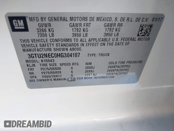 2017 GMC Sierra 1500 SLT z VIN 3GTU2NEC0HG304187, wystawiony jako IAAI lot #41973007 z przebiegiem Nie podano mil oraz . Historia ofert i sprzedaży dostępna na DreamBid. Obrazek 9.