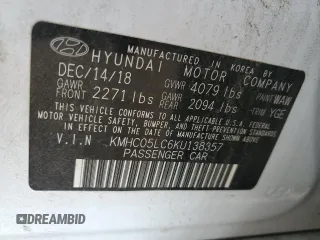 2019 Hyundai Ioniq Limited z VIN KMHC05LC6KU138357, wystawiony jako Copart lot #55044845 z przebiegiem 78 149 mil mil oraz Szkoda całkowita • Salvage title. Historia ofert i sprzedaży dostępna na DreamBid. Obrazek 12.