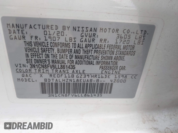 2020 Nissan Versa SR with VIN 3N1CN8FV6LL861435, listed as a IAAI auction lot 41763989 with 74,737 mi miles and . Bid and sale history available at DreamBid. Image 9.