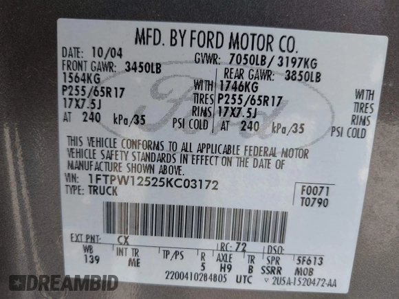 2005 Ford F-150 XLT with VIN 1FTPW12525KC03172, listed as a IAAI auction lot 42139841 with 125,258 mi miles. Bid and sale history available at carsss.com. Image 9.