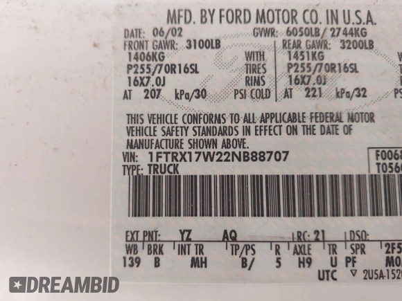 2002 Ford F-150 XL with VIN 1FTRX17W22NB88707, listed as a IAAI auction lot 42687327 with 185,481 mi miles and . Bid and sale history available at DreamBid. Image 9.