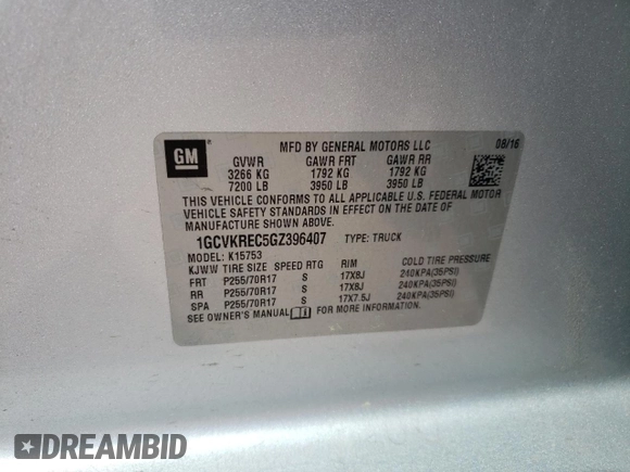 2016 Chevrolet Silverado 1500 LT with VIN 1GCVKREC5GZ396407, listed as a Copart auction lot 50081455 with 126,964 mi miles and Salvage Title. Bid and sale history available at DreamBid. Image 14.