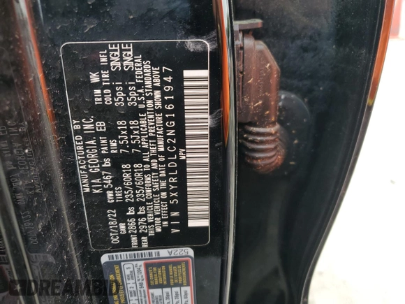 2022 Kia Sorento X-Line S with VIN 5XYRLDLC2NG161947, listed as a Copart auction lot 65415295 with Not provided miles and Salvage title. Bid and sale history available at DreamBid. Image 13.
