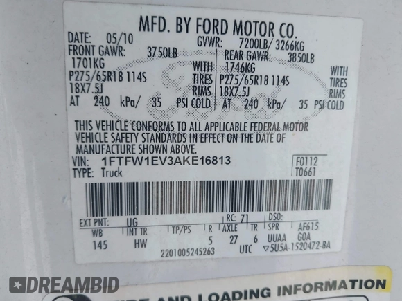 2010 Ford F-150 XL with VIN 1FTFW1EV3AKE16813, listed as a IAAI auction lot 41999051 with 206,457 mi miles. Bid and sale history available at carsss.com. Image 9.