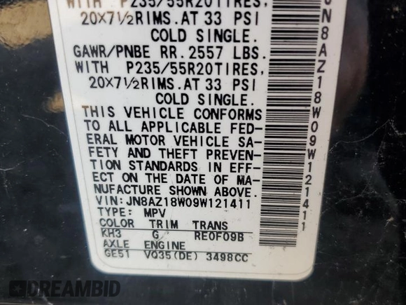 2009 Nissan Murano LE with VIN JN8AZ18W09W121411, listed as a Copart auction lot 70906664 with 163,904 mi miles and Clean Title. Bid and sale history available at carsss.com. Image 13.