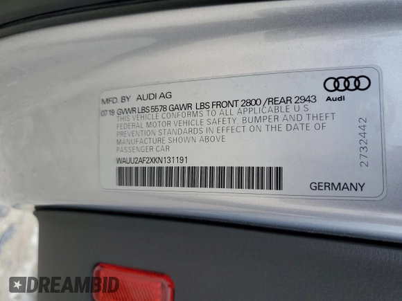 2019 Audi A7 Premium Plus with VIN WAUU2AF2XKN131191, listed as a Copart auction lot 67856674 with 65,489 mi miles and Non repairable. Bid and sale history available at DreamBid. Image 13.