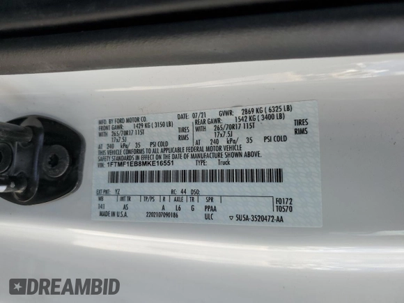 2021 Ford F-150 XL with VIN 1FTMF1EB8MKE16551, listed as a Copart auction lot 54966435 with 41,590 mi miles and Salvage title. Bid and sale history available at DreamBid. Image 12.