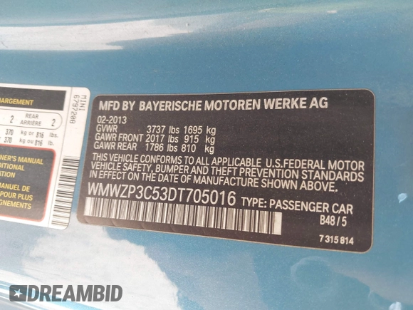 2013 MINI Convertible S with VIN WMWZP3C53DT705016, listed as a IAAI auction lot 42155802 with Not provided miles and . Bid and sale history available at DreamBid. Image 9.