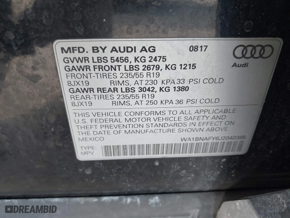 2018 Audi Q5 Premium Plus with VIN WA1BNAFY6J2040385, listed as a IAAI auction lot 41600628 with 109,351 mi miles. Bid and sale history available at carsss.com. Image 9.